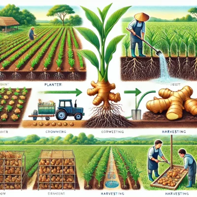 DALL·E 2025 03 28 13.42.56 A detailed illustration of ginger farming techniques. The image includes 1. Ginger rhizomes being planted in rows with proper spacing. 2. A cross sec
